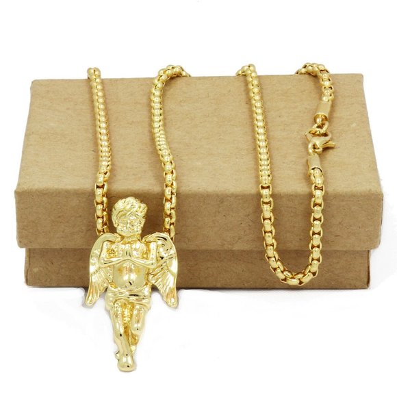 New 18k Gold Angel 24" Cuban Chain + Pendant - Picture 2 of 5